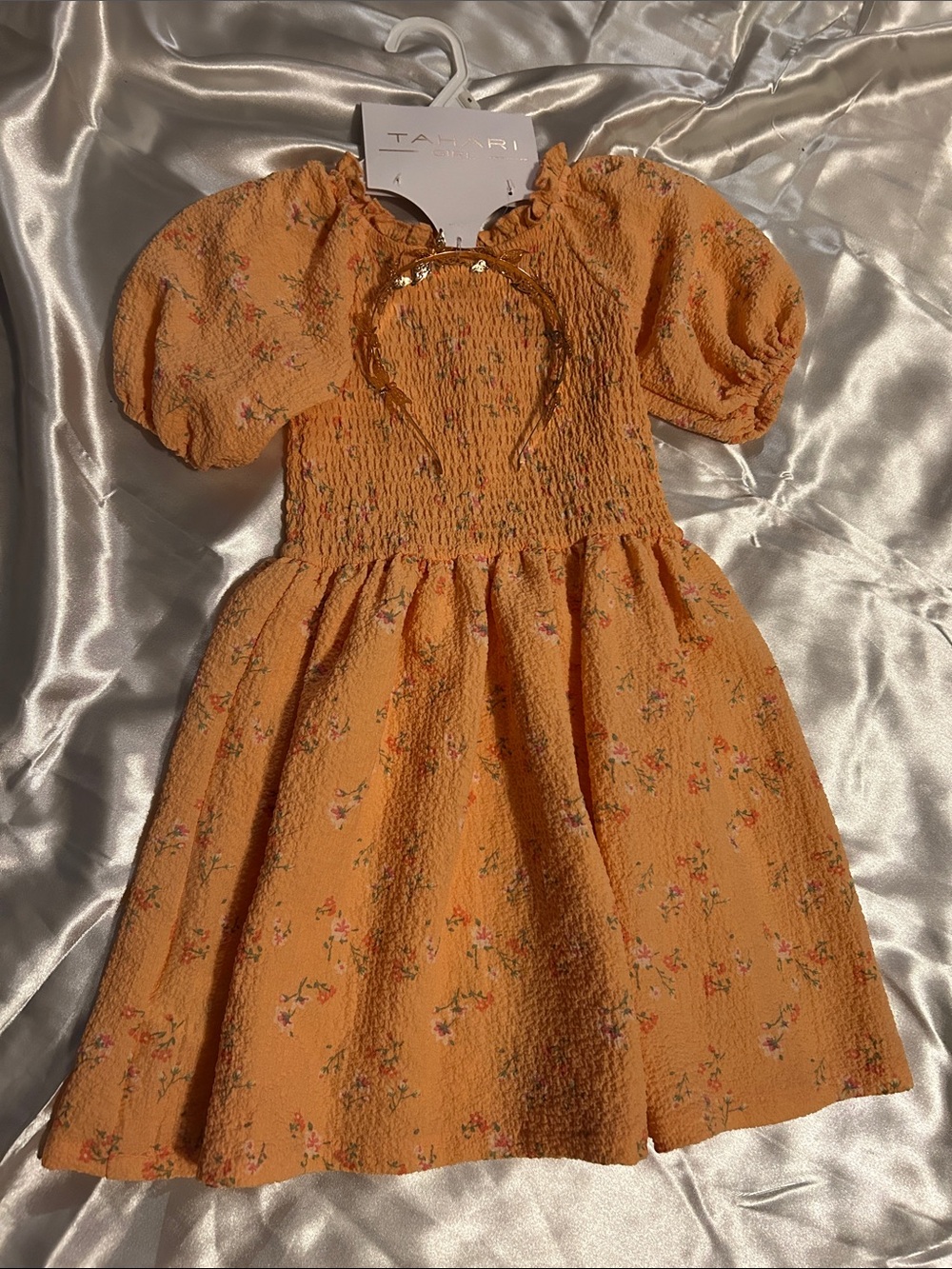 Tahari Kids Mustard Orange Floral Smocked Puff-Sleeve Dress